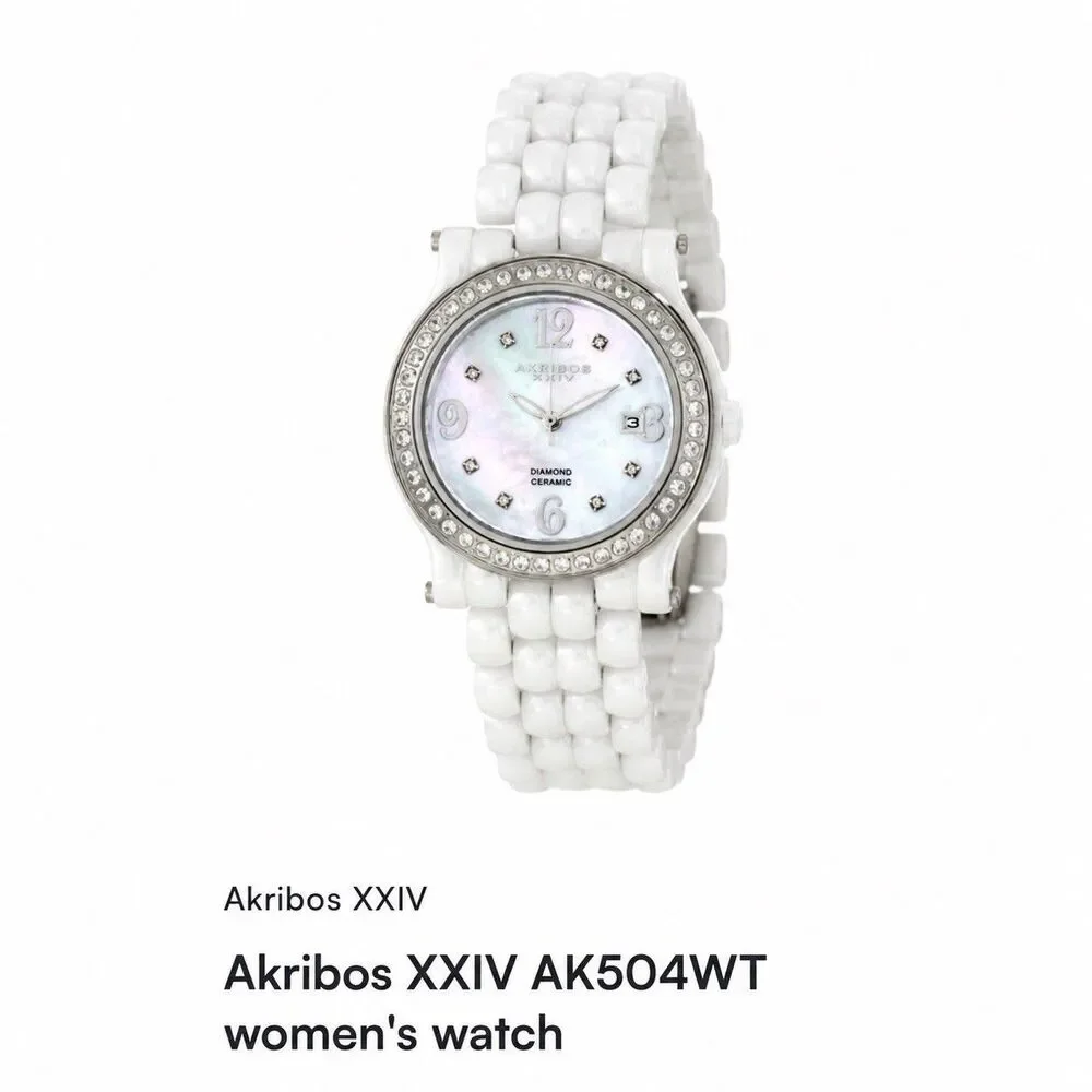 Akribos XXIV Diamond Ceramic Watch White Silver Analog Mother of Peal Opal AK504